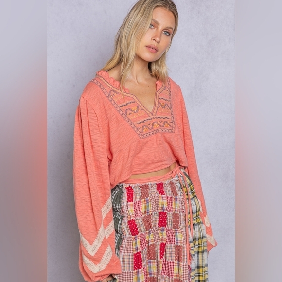 POL Tops - ⭐ $15 start POL embroidered boho oversized lace crochet crop tie waist poets top